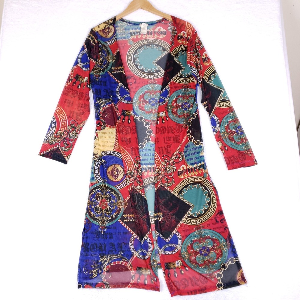 NYC Baroque Print Mesh Cardigan Duster 1X Multicolor Long Open Front‎